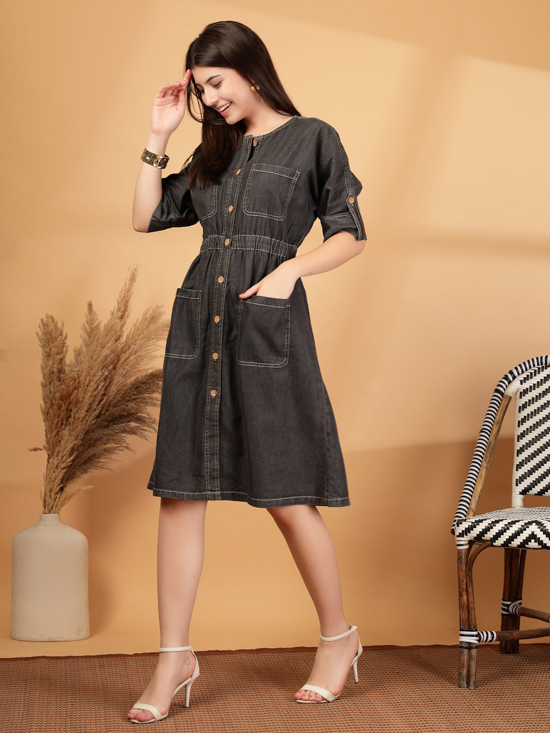 Grey Denim Shirt Dress for Women with A-Line Fit