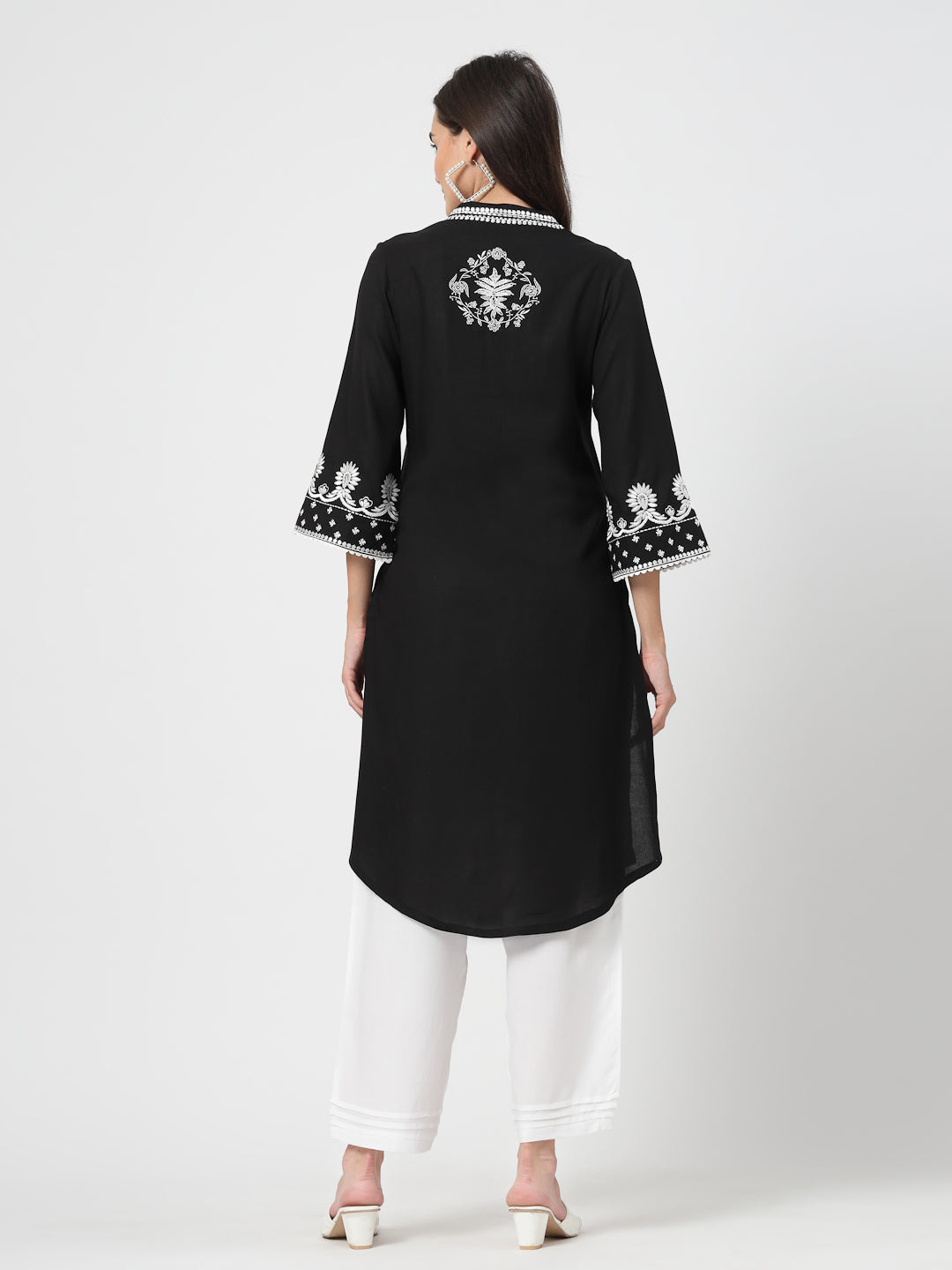 Floral Embroidered Black Kurta with White Trousers – Elegant Straight-Fit Set - Cosmic Trio