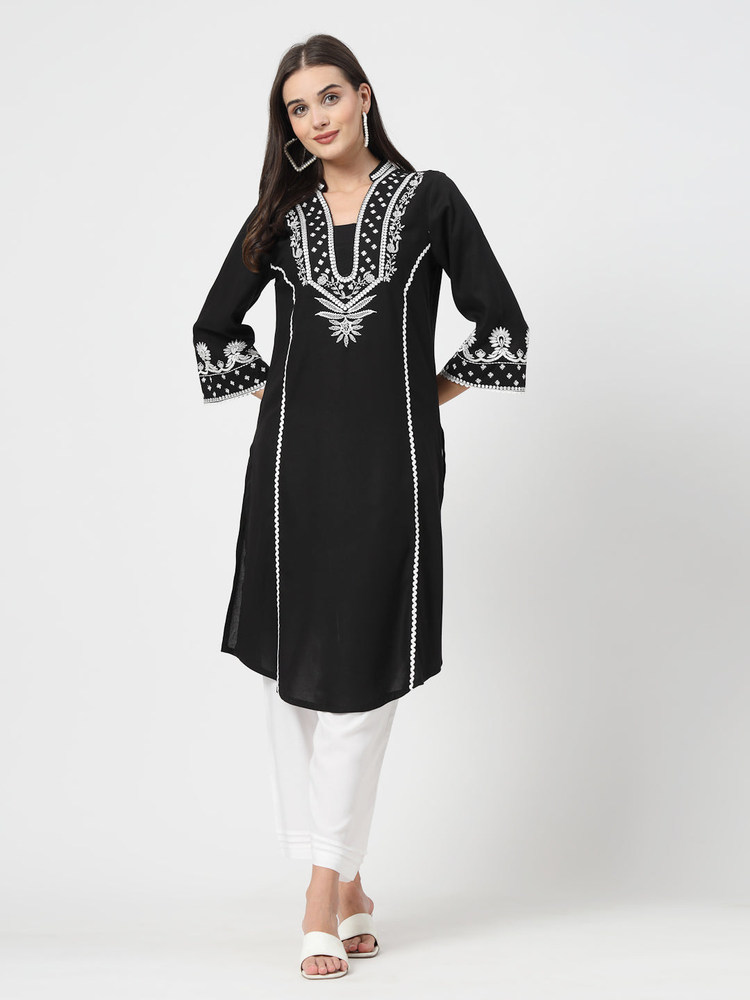 Floral Embroidered Black Kurta with White Trousers – Elegant Straight-Fit Set - Cosmic Trio