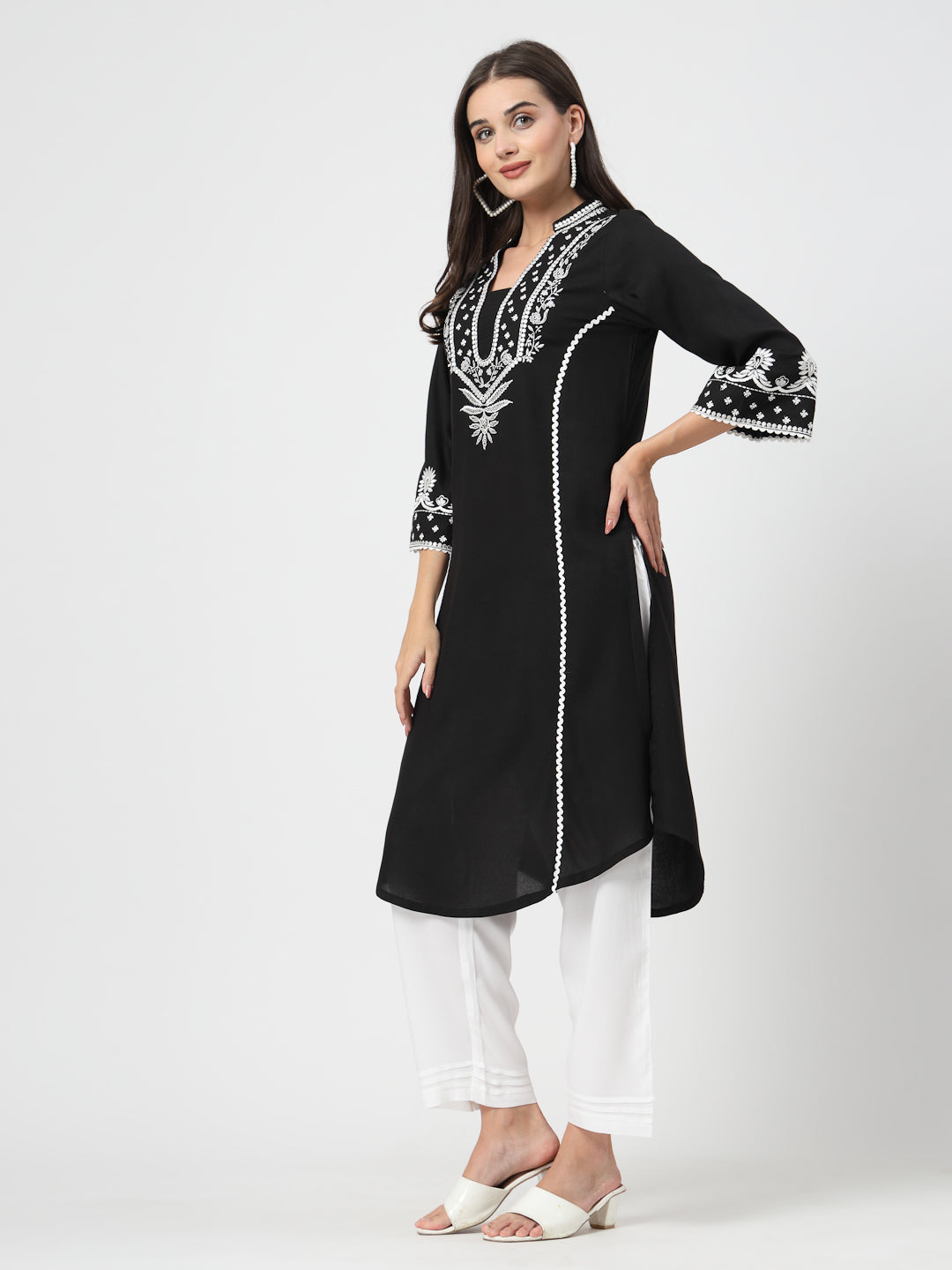 Floral Embroidered Black Kurta with White Trousers – Elegant Straight-Fit Set - Cosmic Trio
