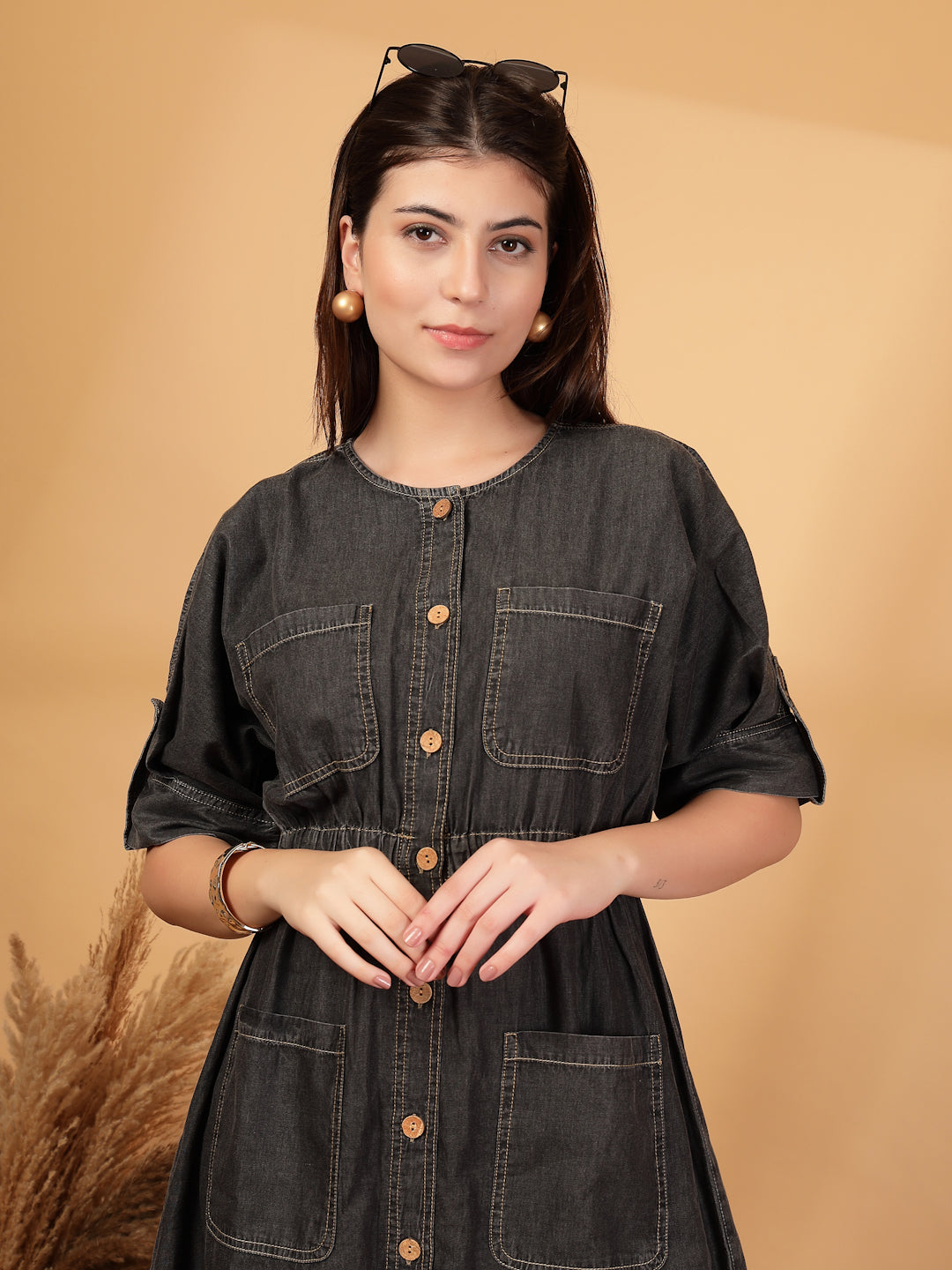 Grey Denim Shirt Dress for Women with A-Line Fit