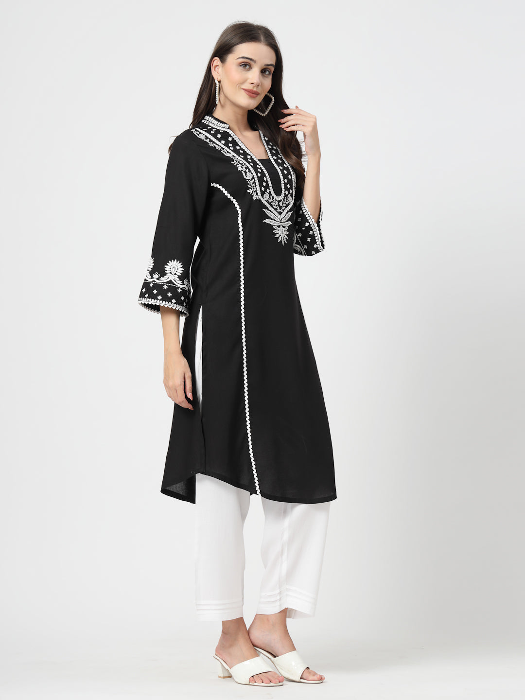 Floral Embroidered Black Kurta with White Trousers – Elegant Straight-Fit Set - Cosmic Trio