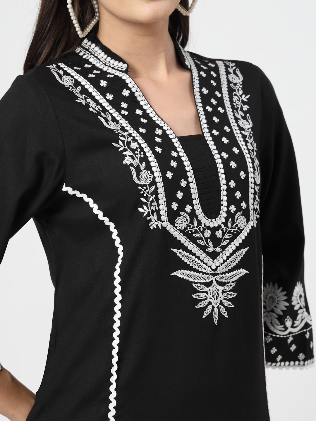 Floral Embroidered Black Kurta with White Trousers – Elegant Straight-Fit Set - Cosmic Trio
