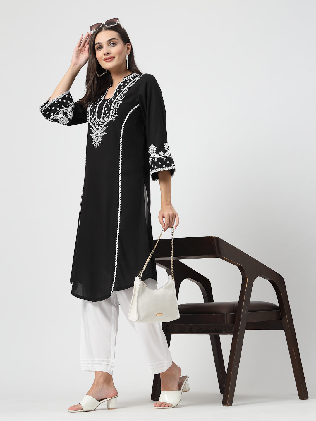 Floral Embroidered Black Kurta with White Trousers – Elegant Straight-Fit Set - Cosmic Trio