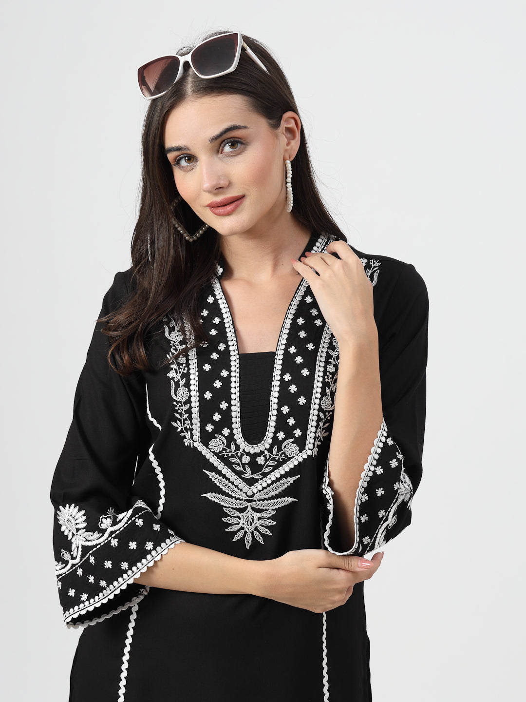 Floral Embroidered Black Kurta with White Trousers – Elegant Straight-Fit Set - Cosmic Trio