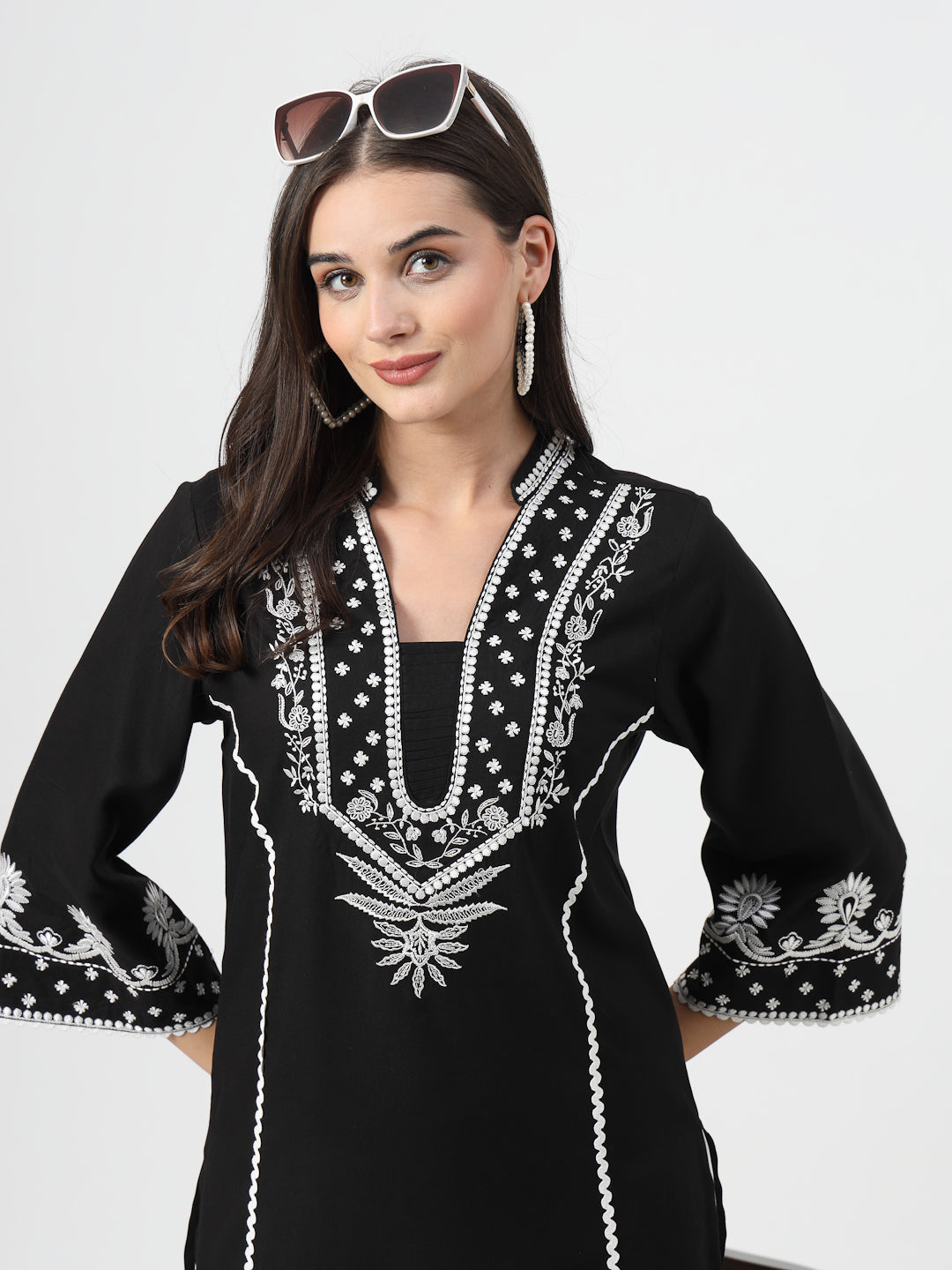 Floral Embroidered Black Kurta with White Trousers – Elegant Straight-Fit Set - Cosmic Trio