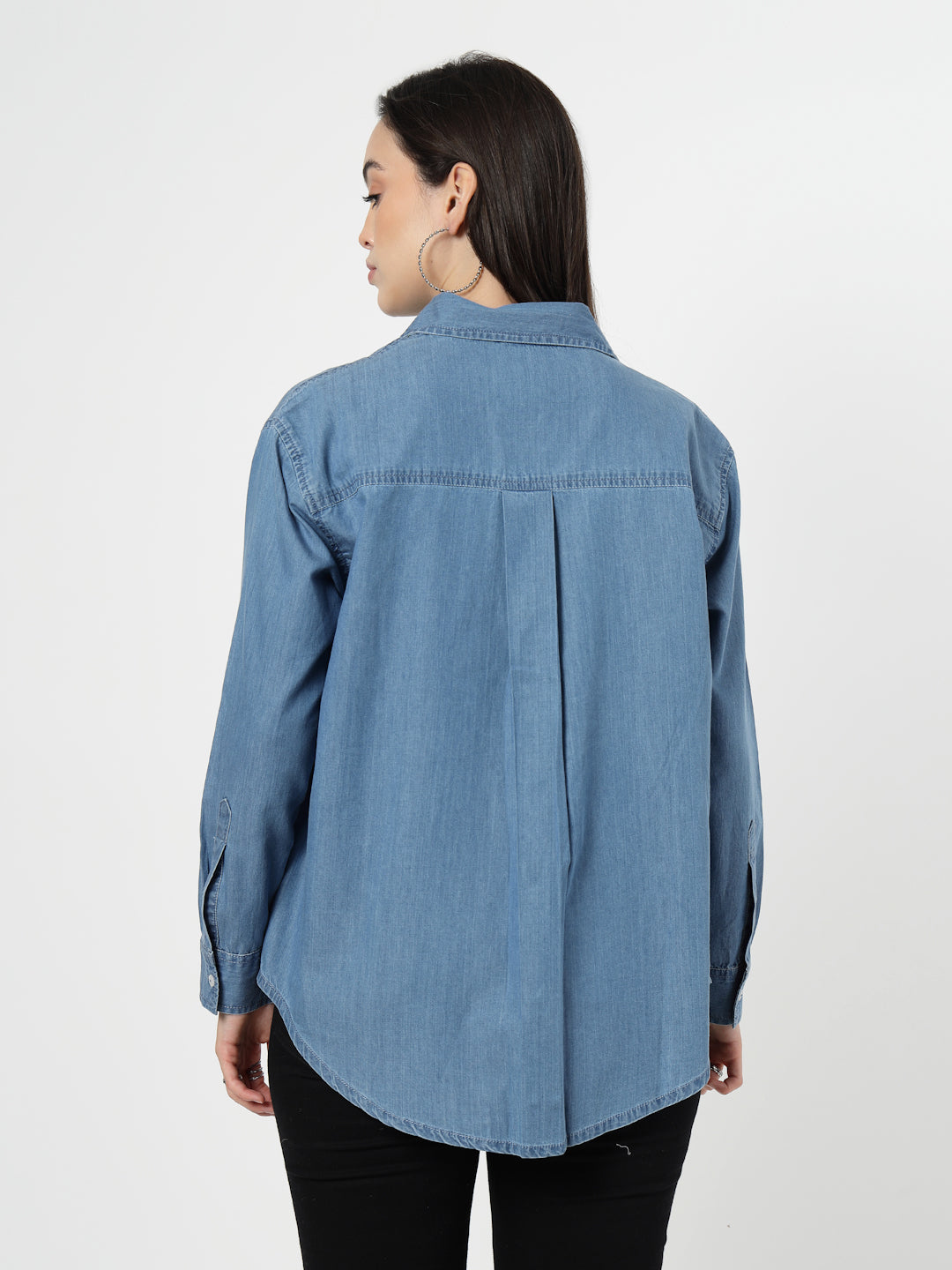 Women Blue Embroidered Denim Shirt