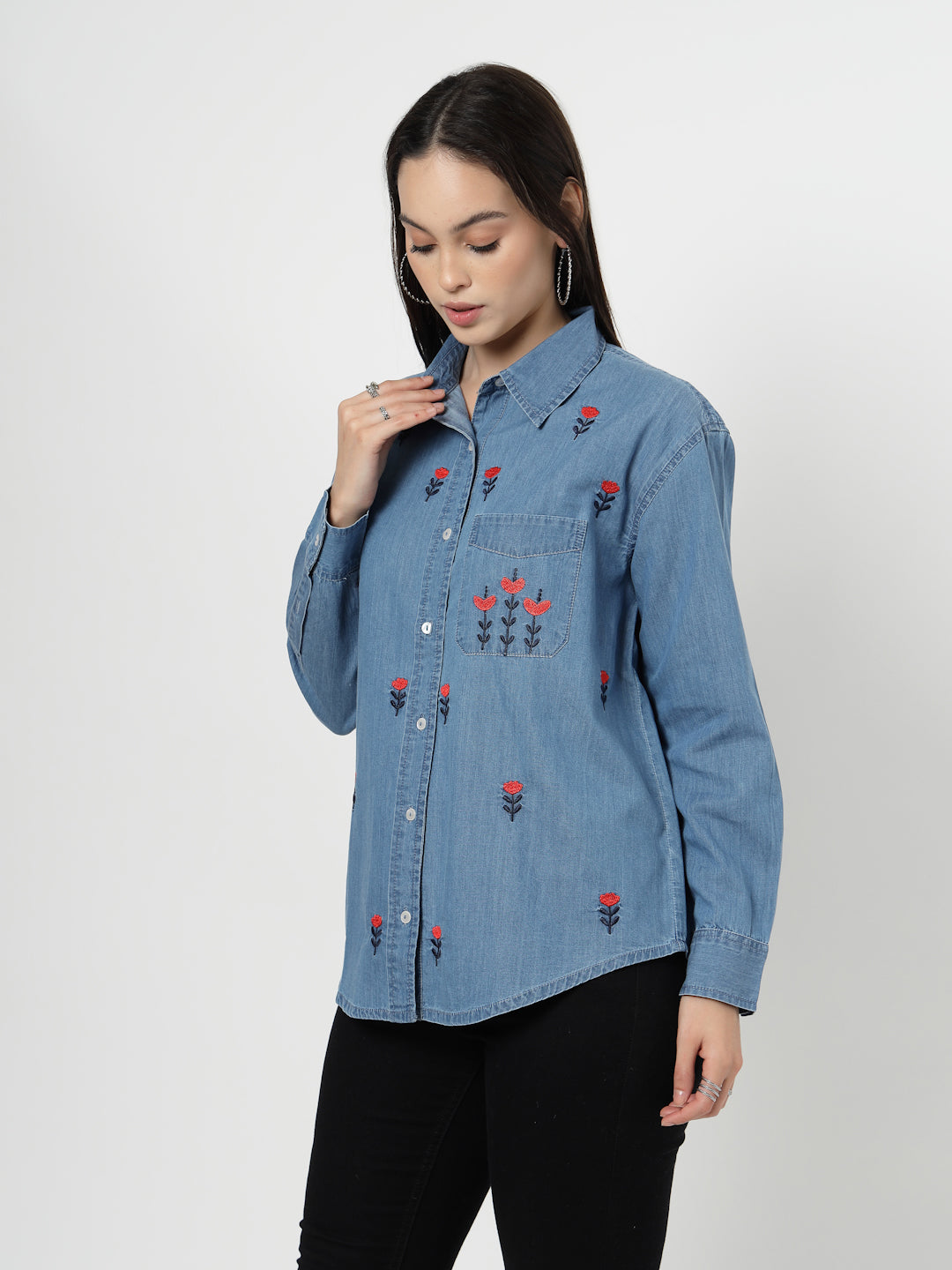 Women Blue Embroidered Denim Shirt