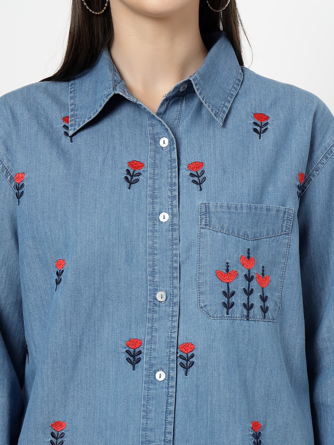 Women Blue Embroidered Denim Shirt