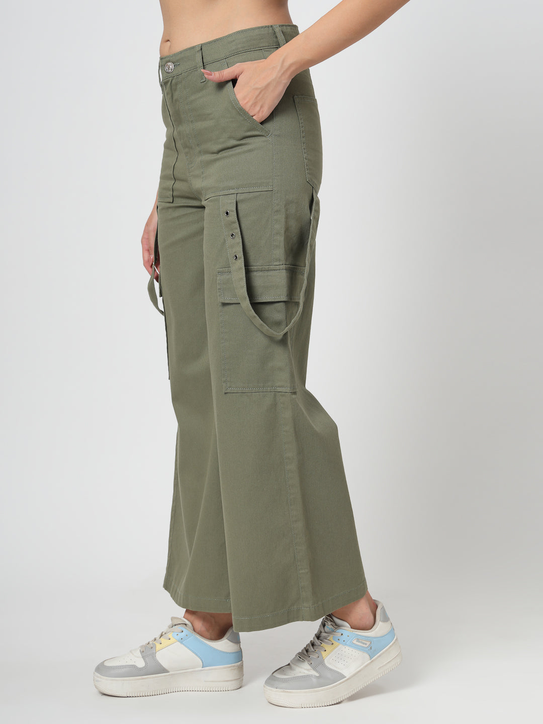 Green Cotton Regular Fit Cargo Denim Jeans Women