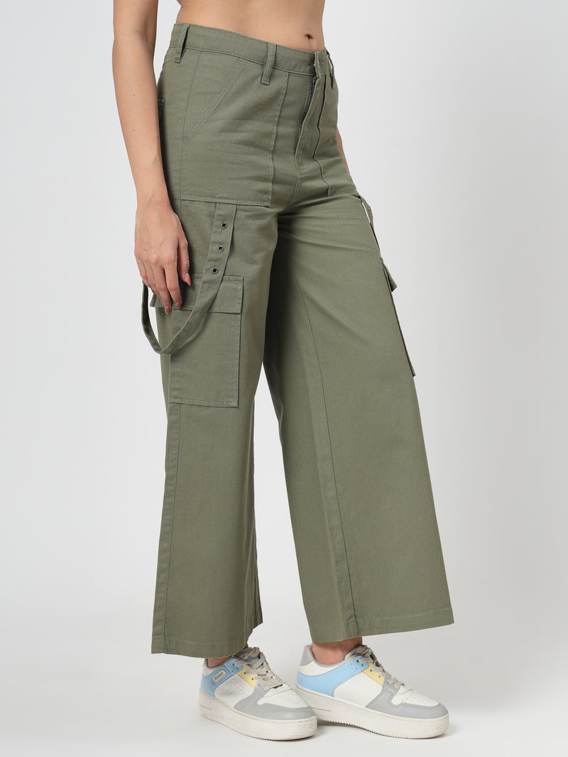 Green Cotton Regular Fit Cargo Denim Jeans Women