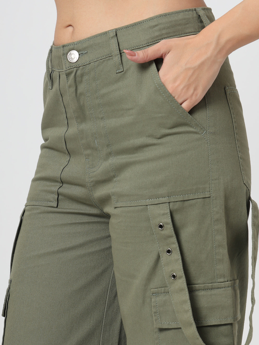 Green Cotton Regular Fit Cargo Denim Jeans Women