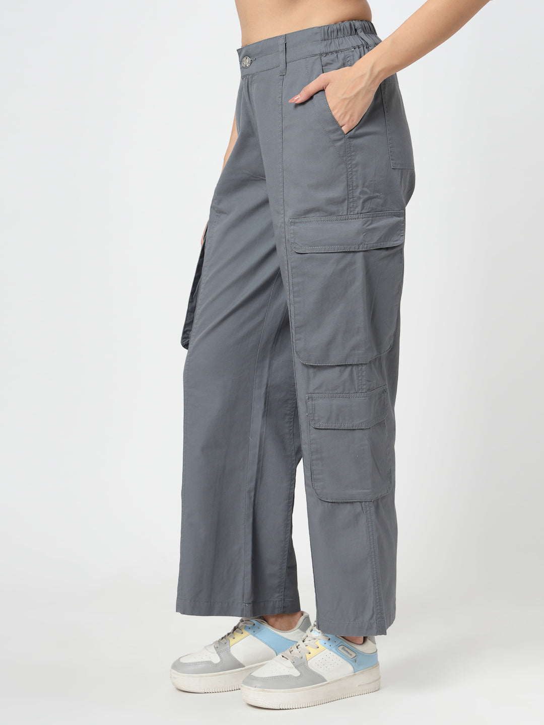 Grey Cotton Loose Fit Cargo Pants Women