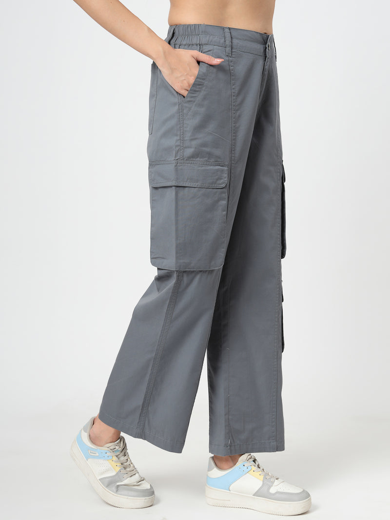 Grey Cotton Loose Fit Cargo Pants Women