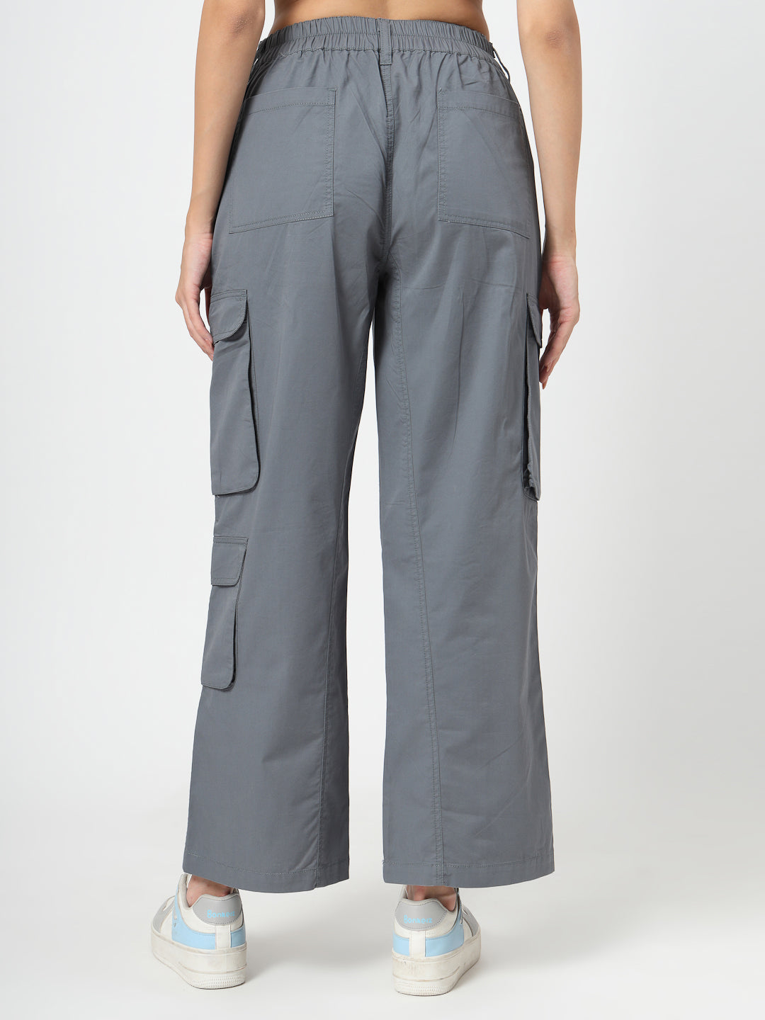 Grey Cotton Loose Fit Cargo Pants Women