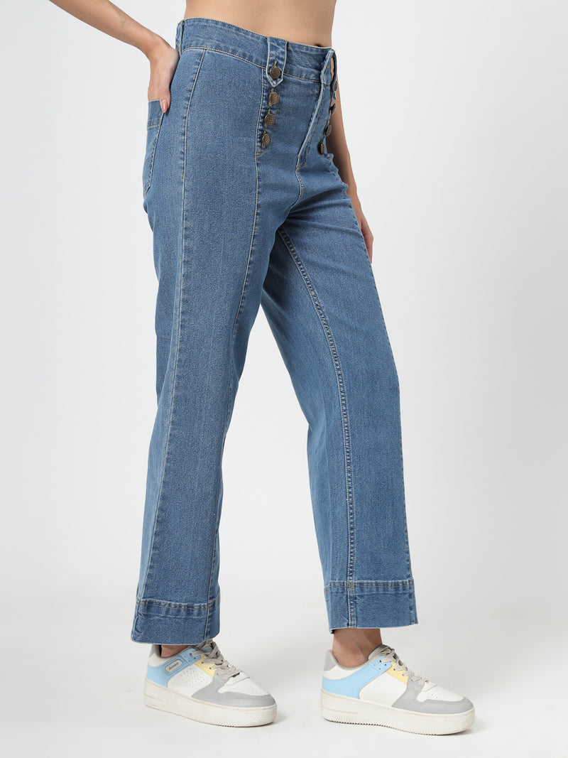Dark Blue Wide Leg Denim Pants for Women