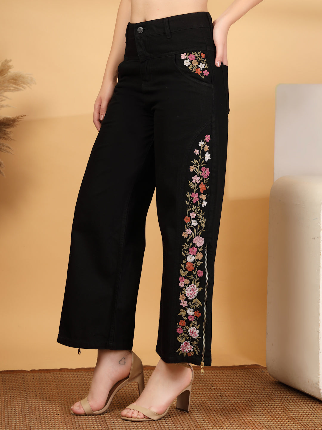 Wide Leg High-Rise Embroidered Jeans