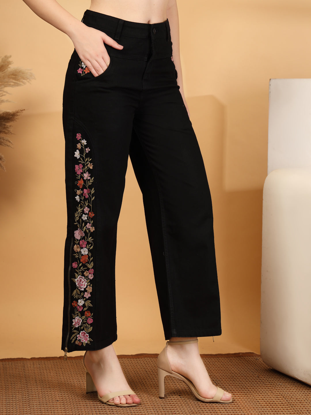 Wide Leg High-Rise Embroidered Jeans