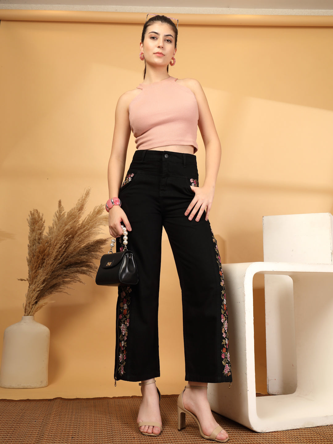 Wide Leg High-Rise Embroidered Jeans