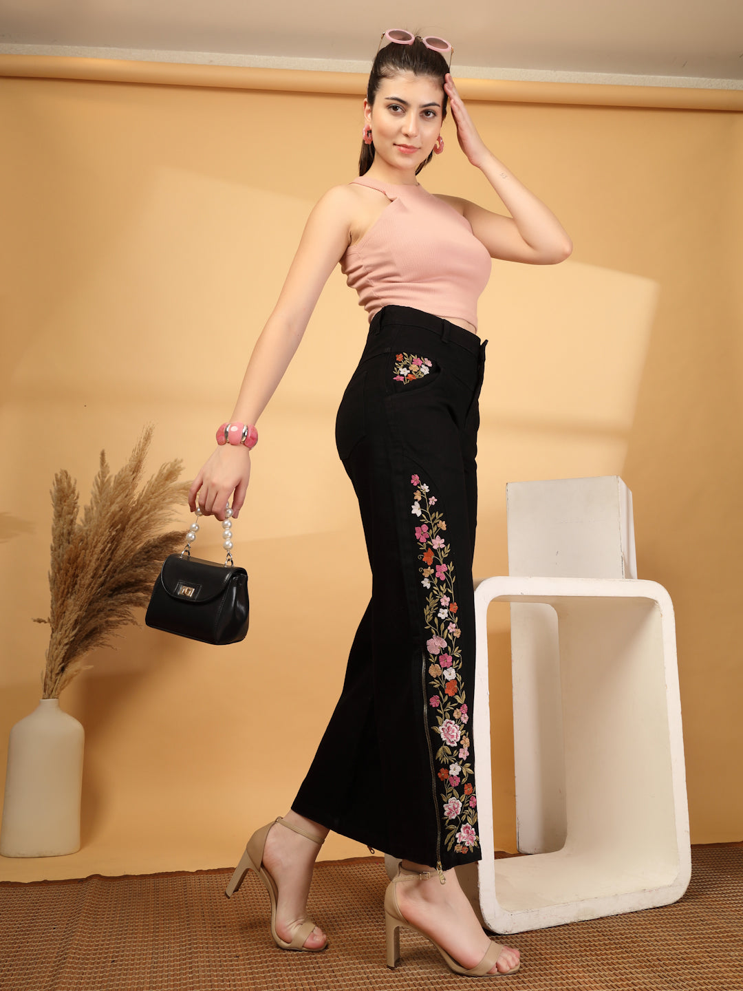 Wide Leg High-Rise Embroidered Jeans