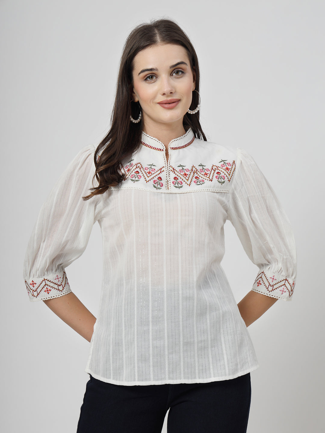 Off White Embroidered Cotton Top - Cosmic Trio