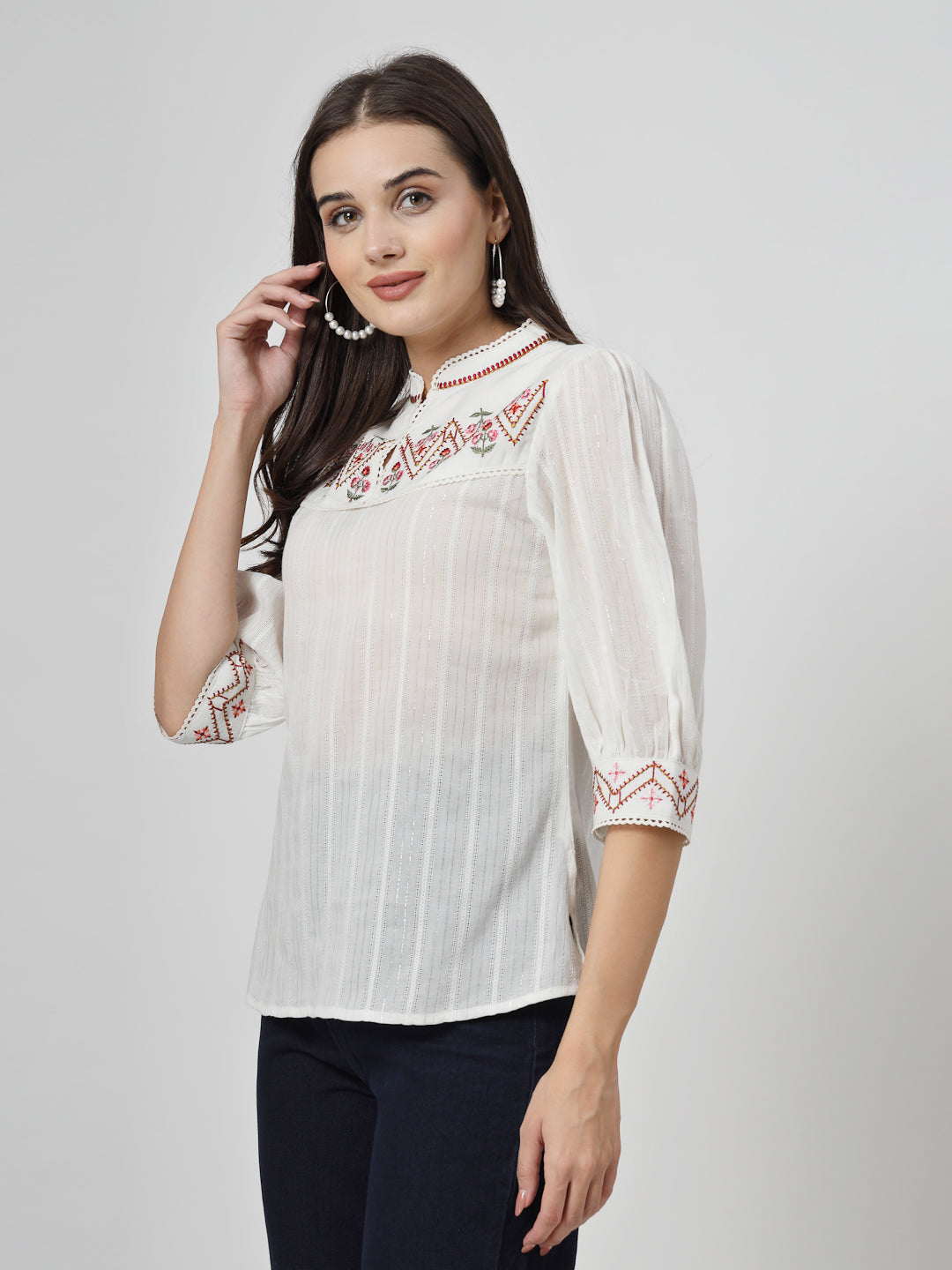 Off White Embroidered Cotton Top - Cosmic Trio