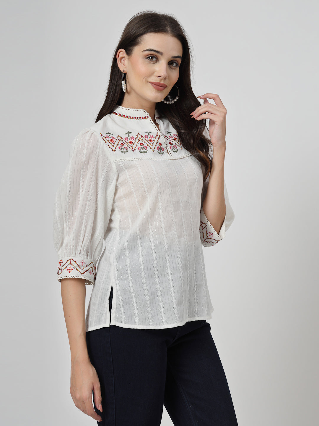 Off White Embroidered Cotton Top - Cosmic Trio