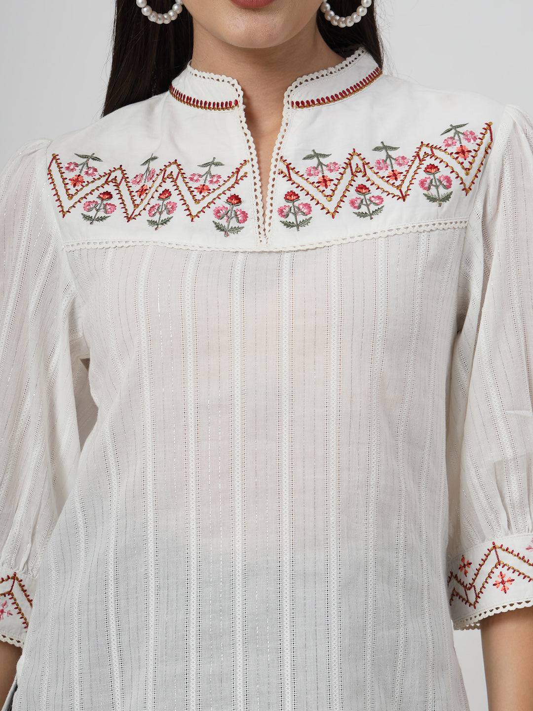 Off White Embroidered Cotton Top - Cosmic Trio