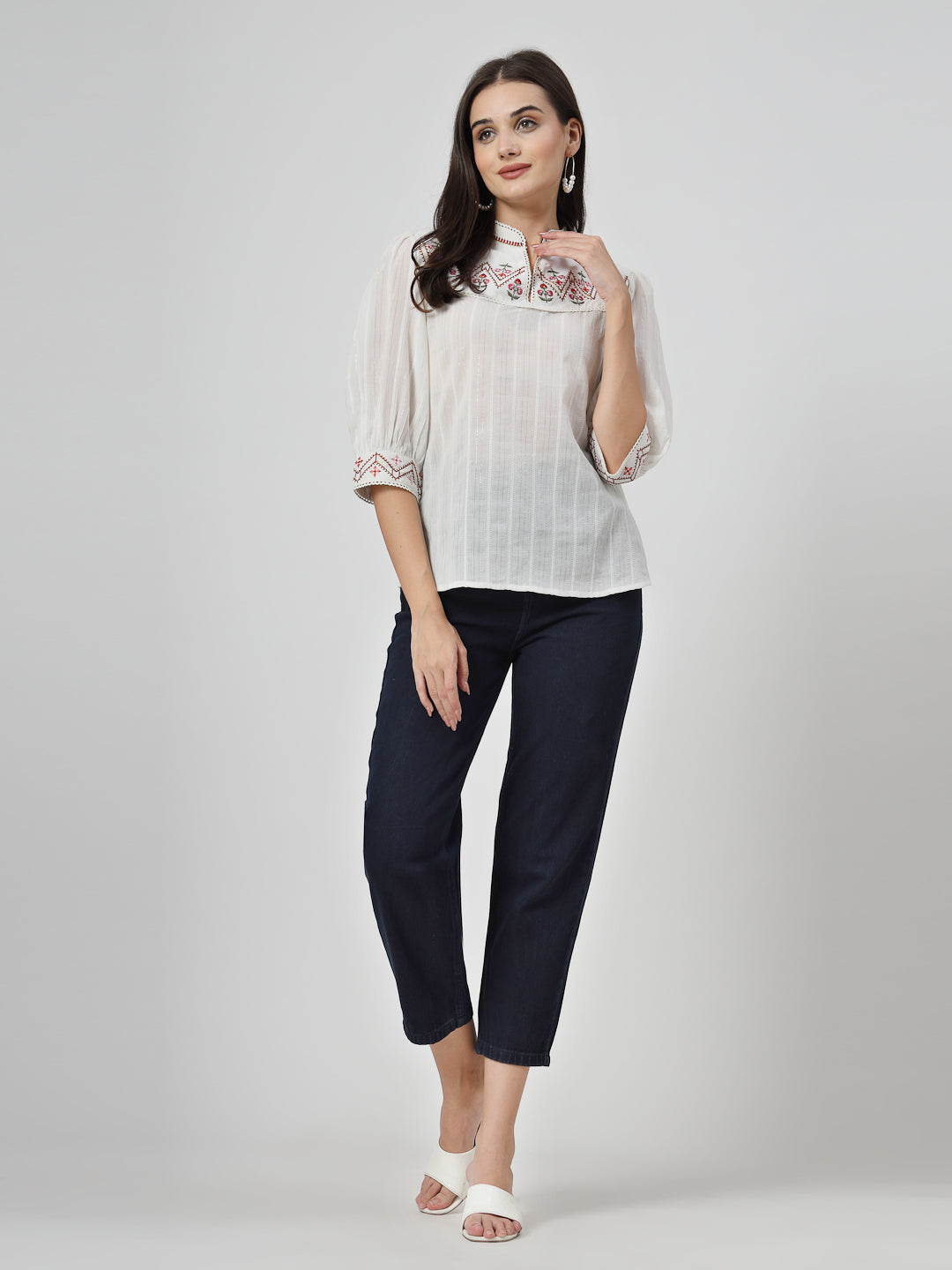 Off White Embroidered Cotton Top - Cosmic Trio