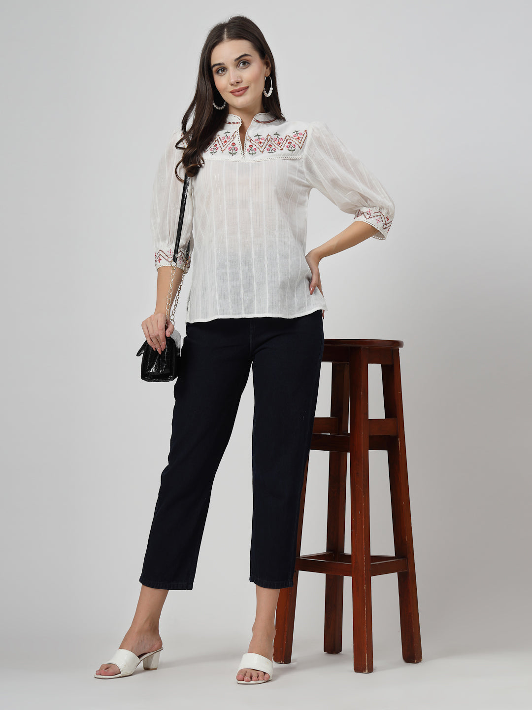 Off White Embroidered Cotton Top - Cosmic Trio