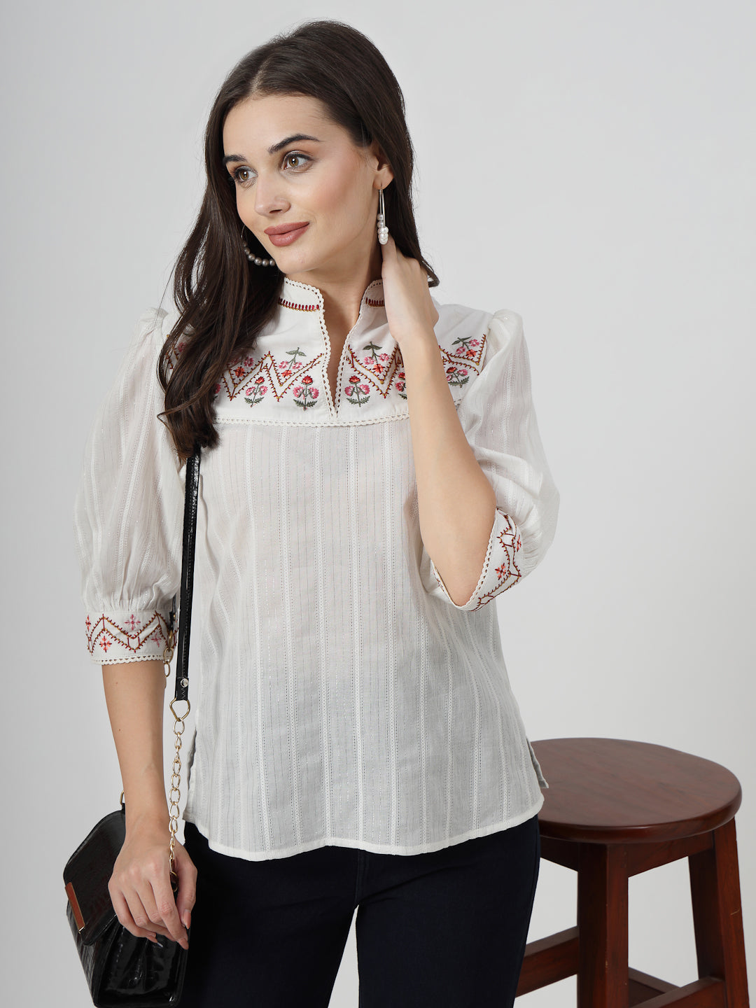 Off White Embroidered Cotton Top - Cosmic Trio