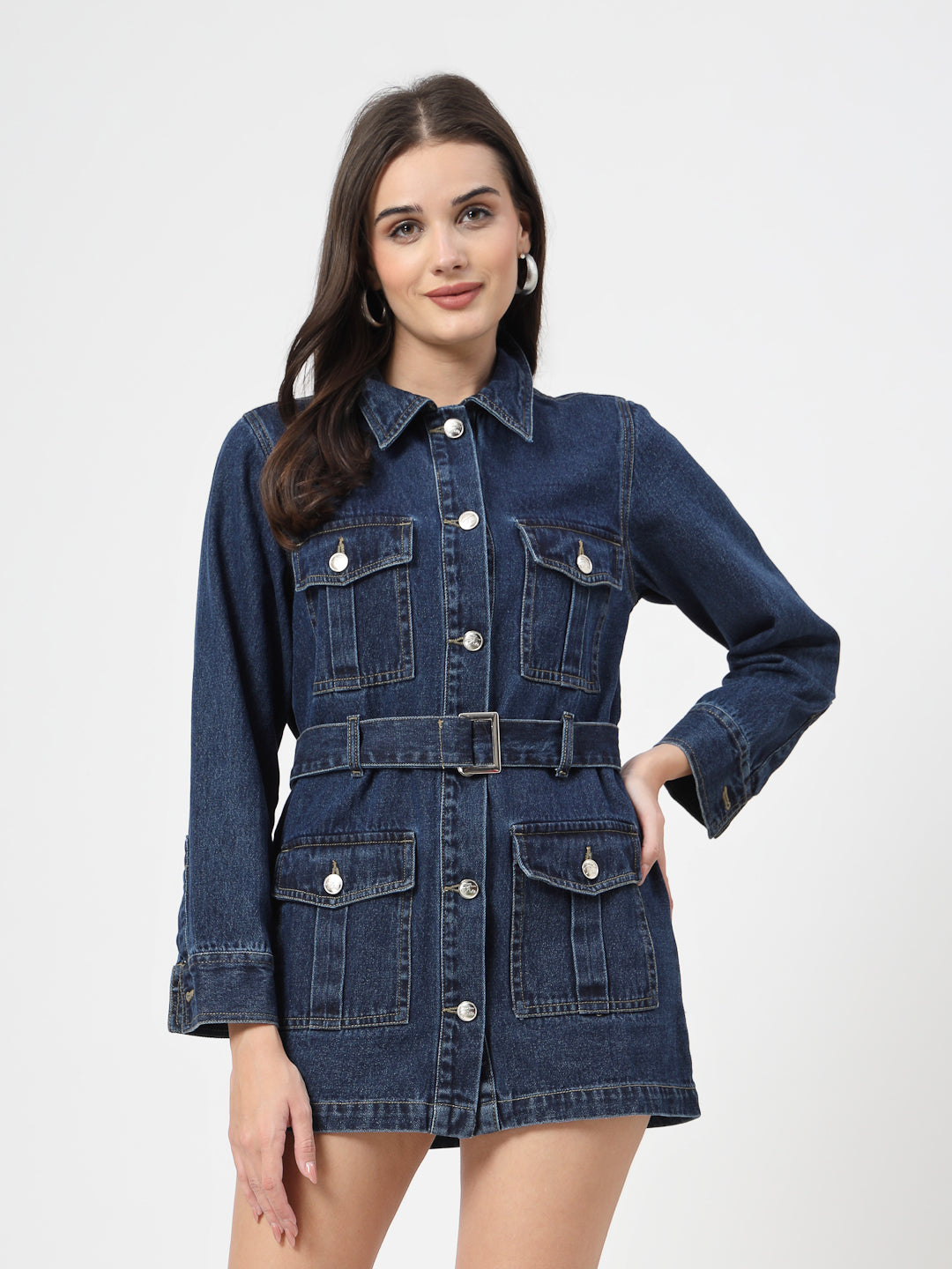 Spread Collar Solid Cotton Casual Denim Dress - Cosmic Trio