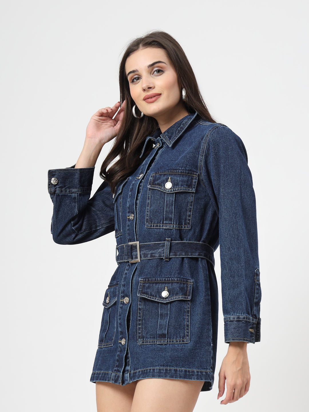 Spread Collar Solid Cotton Casual Denim Dress - Cosmic Trio