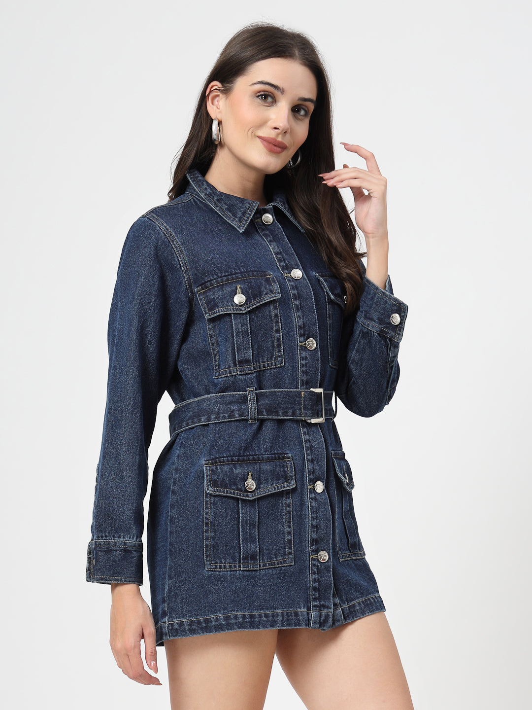 Spread Collar Solid Cotton Casual Denim Dress - Cosmic Trio