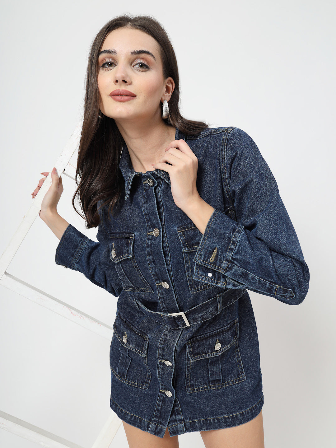 Spread Collar Solid Cotton Casual Denim Dress - Cosmic Trio
