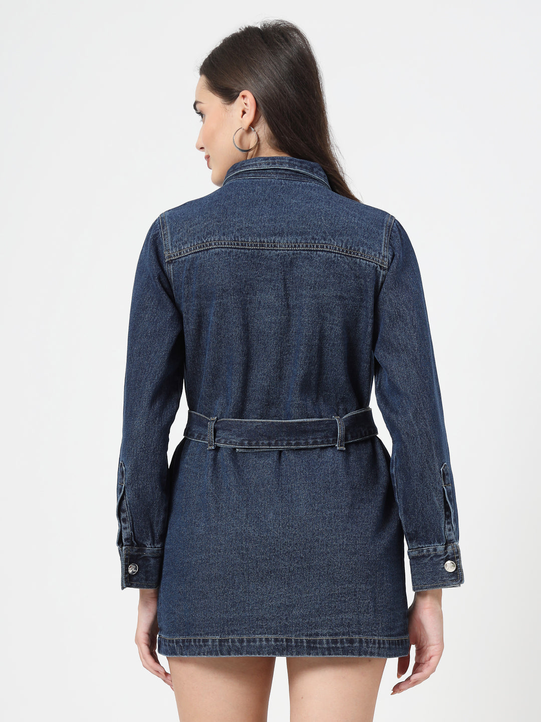 Spread Collar Solid Cotton Casual Denim Dress - Cosmic Trio