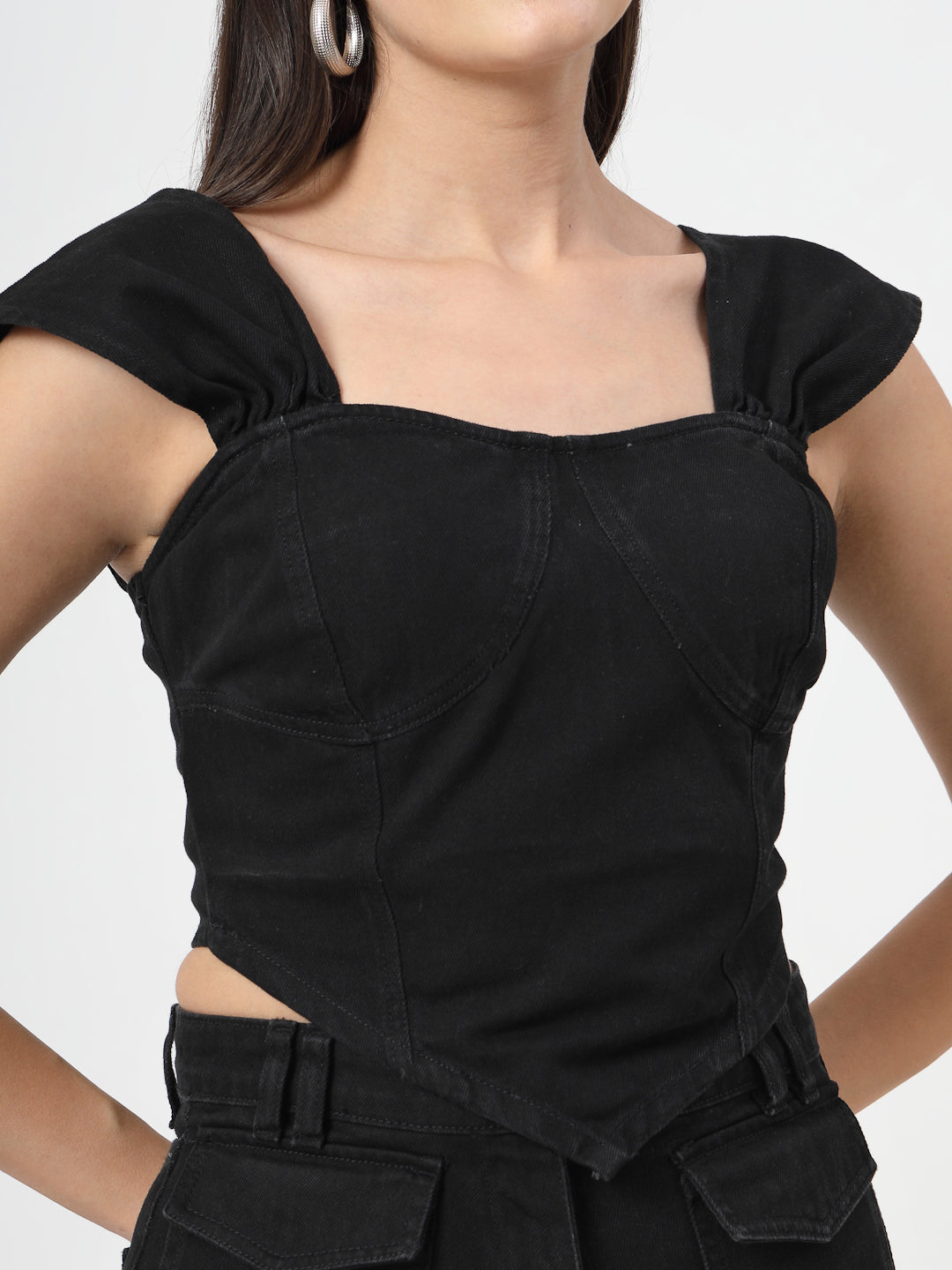 Square Neck Sleeveless Cotton Denim Top With Trouser - Cosmic Trio