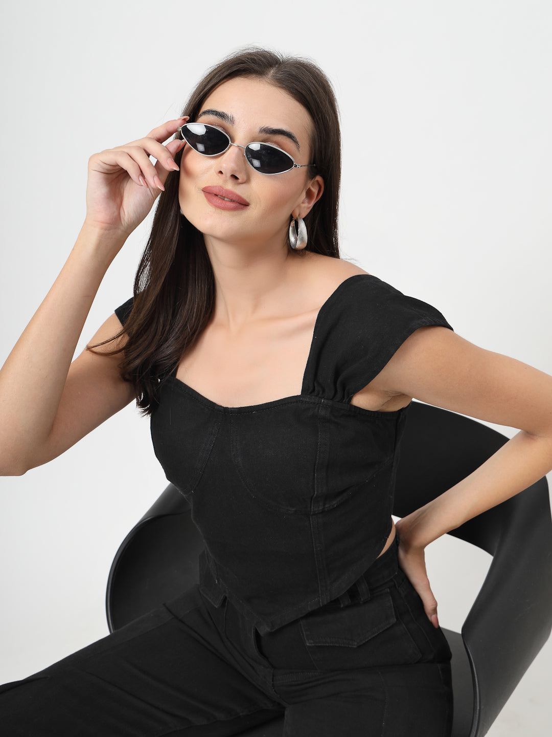 Square Neck Sleeveless Cotton Denim Top With Trouser - Cosmic Trio