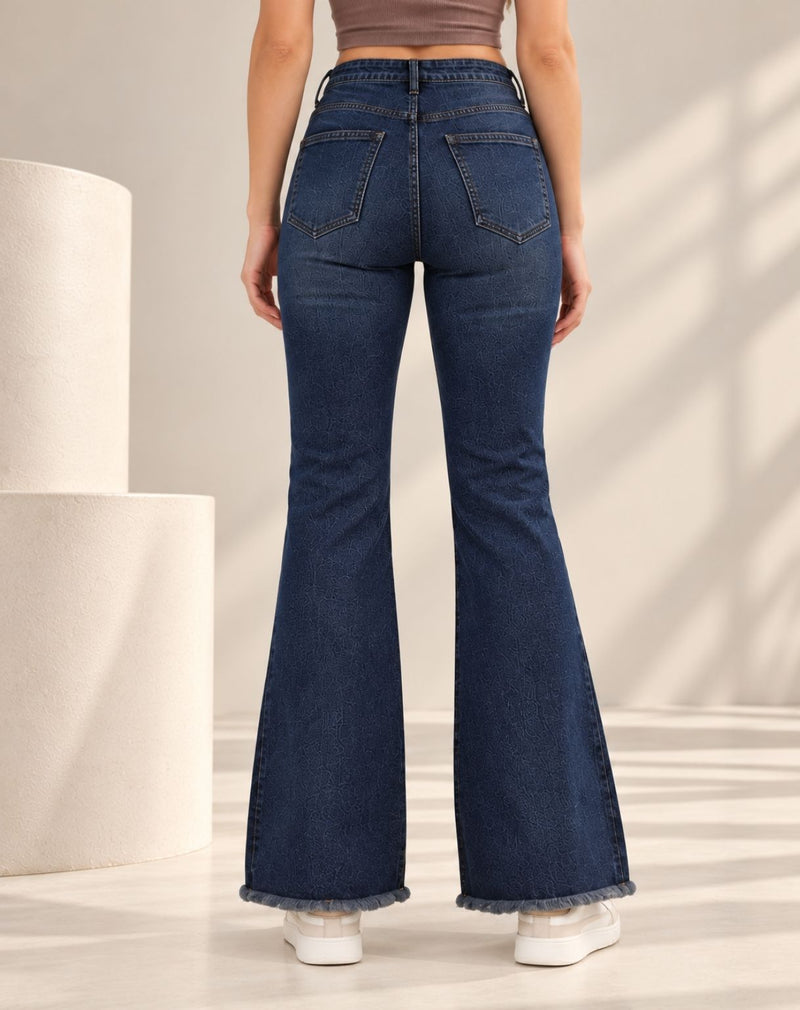 Women’s Blue Textured Fray Hem Bootcut Jeans