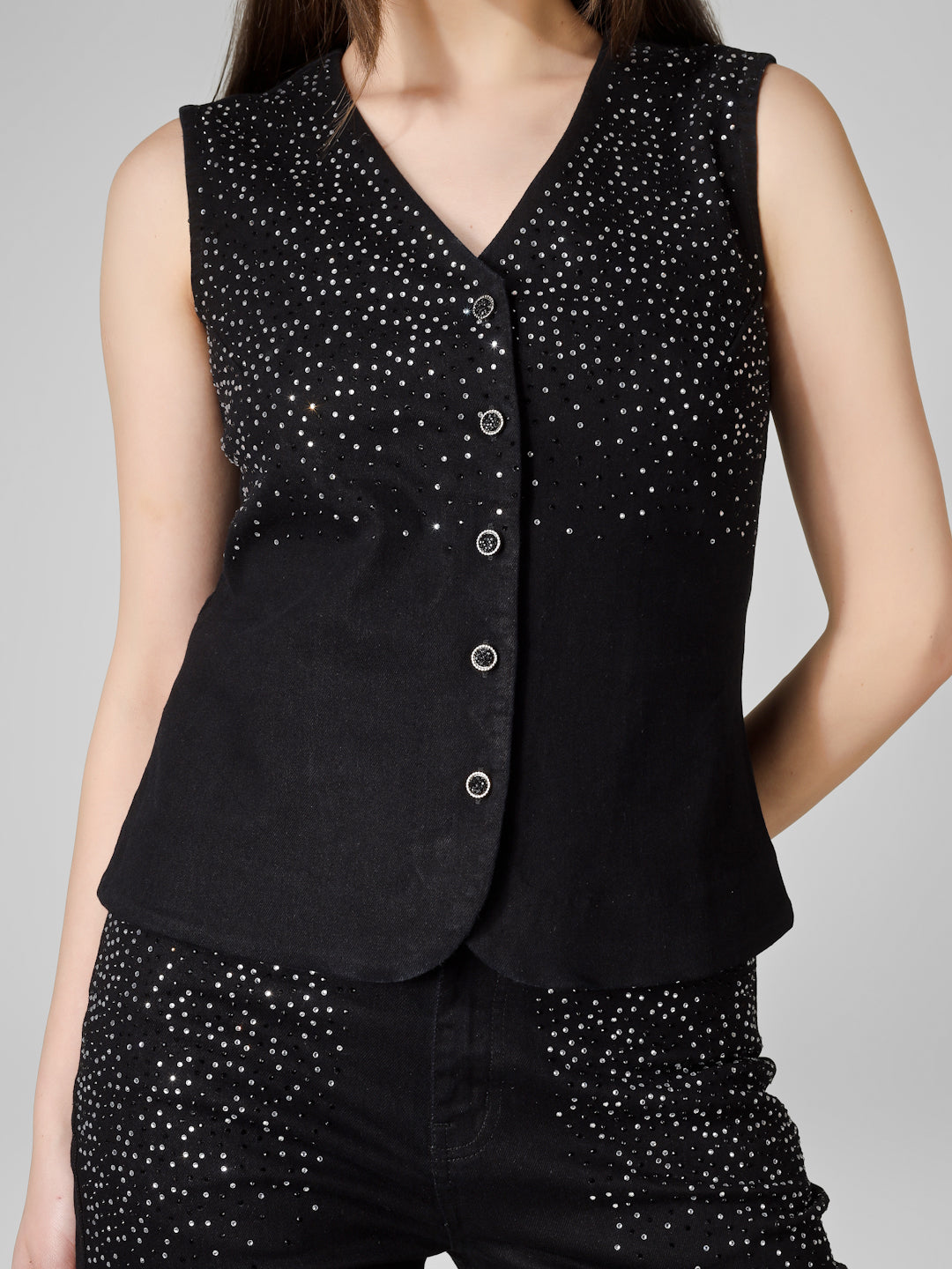 Women’s Black Embellished Sleeveless Denim Co-ord Set