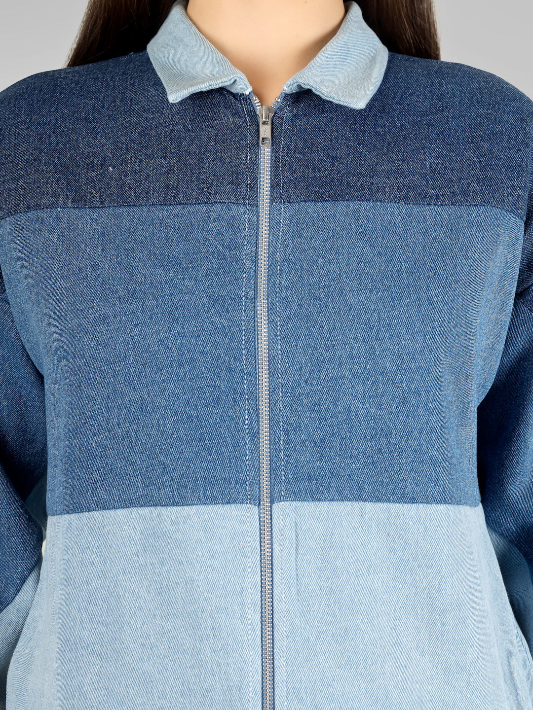 Women Colorblock Casual Oversized Blue Denim Jacket