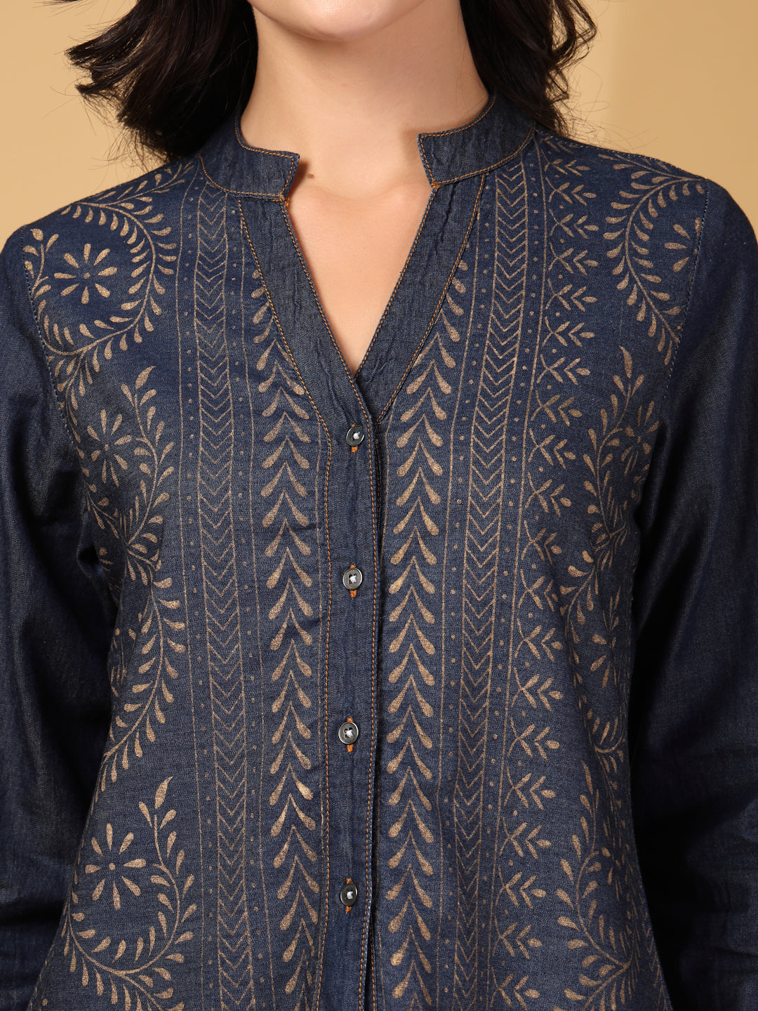 Ethnic Motifs Printed Tiered Denim Fit & Flare Dresses