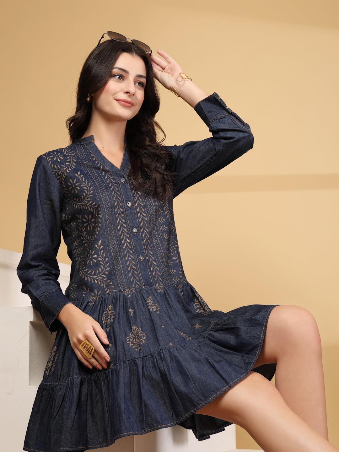 Ethnic Motifs Printed Tiered Denim Fit & Flare Dresses