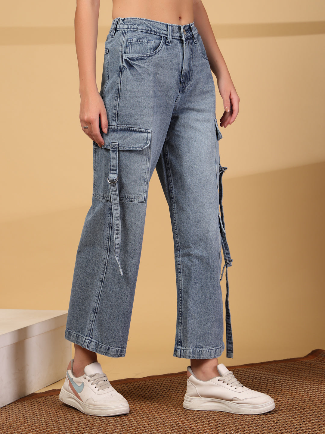 High-Rise Light Fade Cargo Jeans