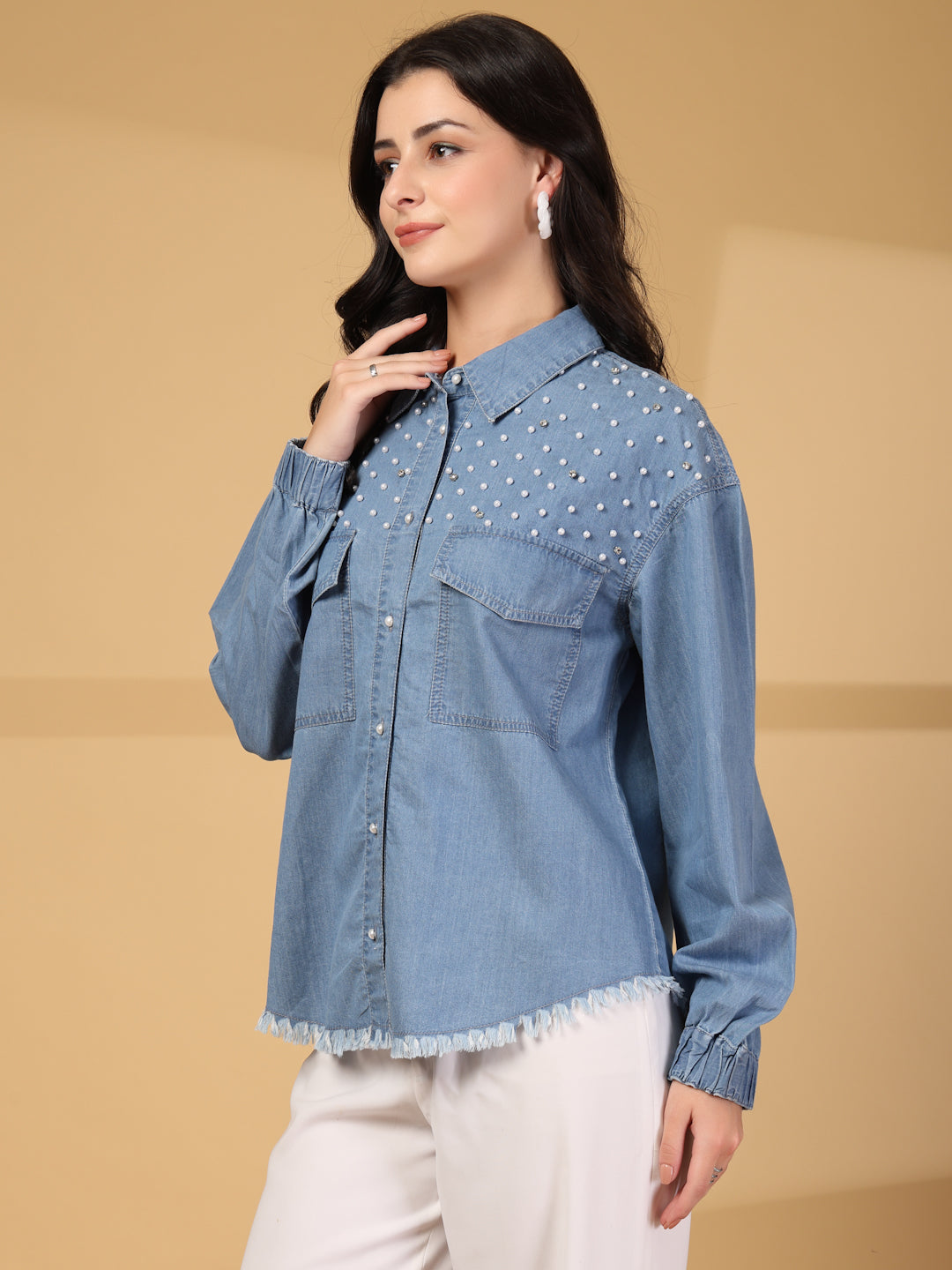 Bead Work Denim Shirt with Fringed Hem