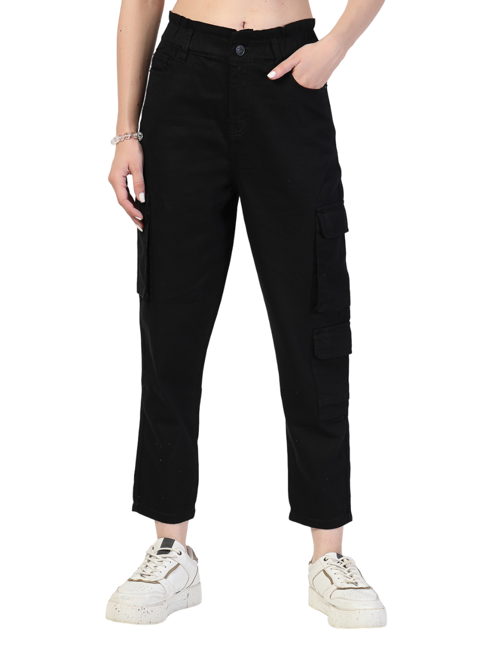 Black Cotton Fitted Cargos Style Trouser - Cosmic Trio