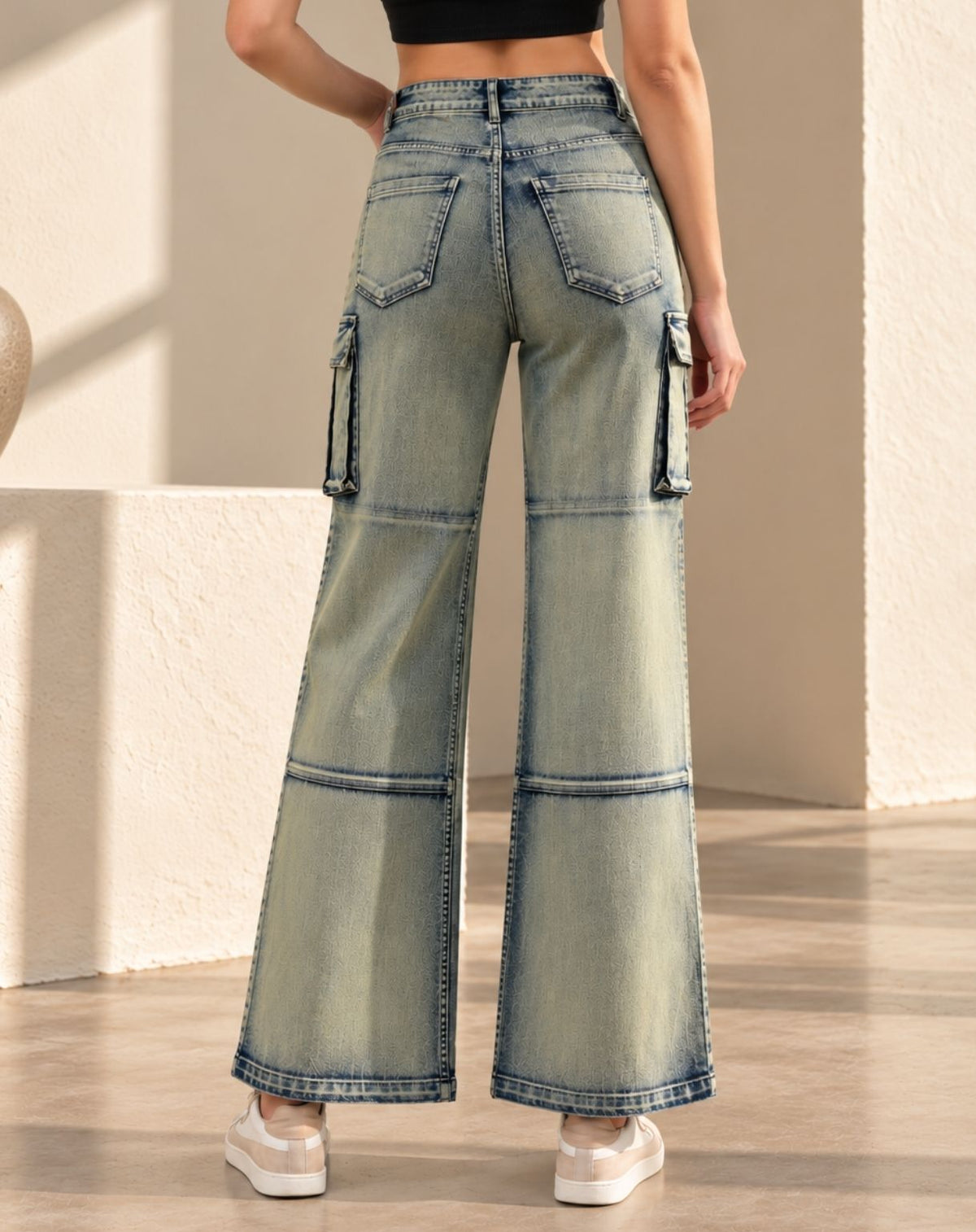 Women’s Washed Sage Green Mid-Rise Straight Fit Cargo Jeans