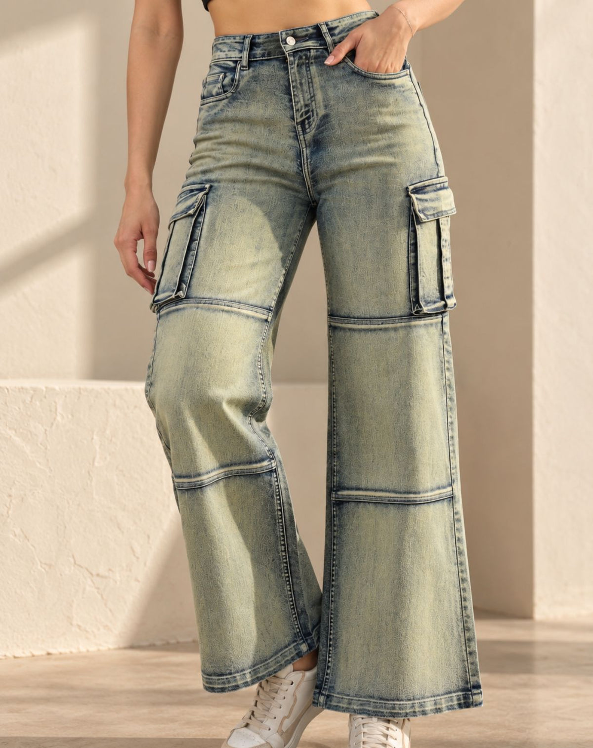 Women’s Washed Sage Green Mid-Rise Straight Fit Cargo Jeans