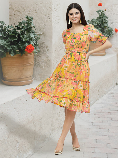 Floral Printed Chiffon Women's Tiered Dress - Cosmic Trio