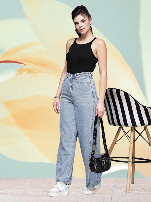 Wide Leg Light Indigo Plain Cotton Denim Jeans For Women - Cosmic Trio